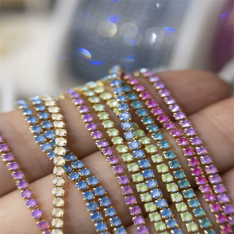 Wholesale 2mm K9 Glass Rhinestones Claw Chain SS6 Crystal Cup Chain Gold Claw Fluorescent AB Strass Chain Stone For garment Trim