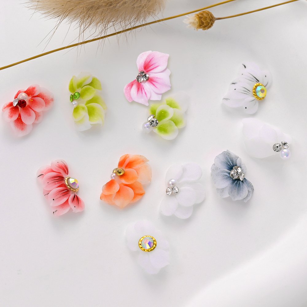 Handmade Acrylic Flower 11X16mm White/Pink 3D Butterfly Acrylic Nail Flower DIY With Glitter Rhinestone Acrylic Side Flower