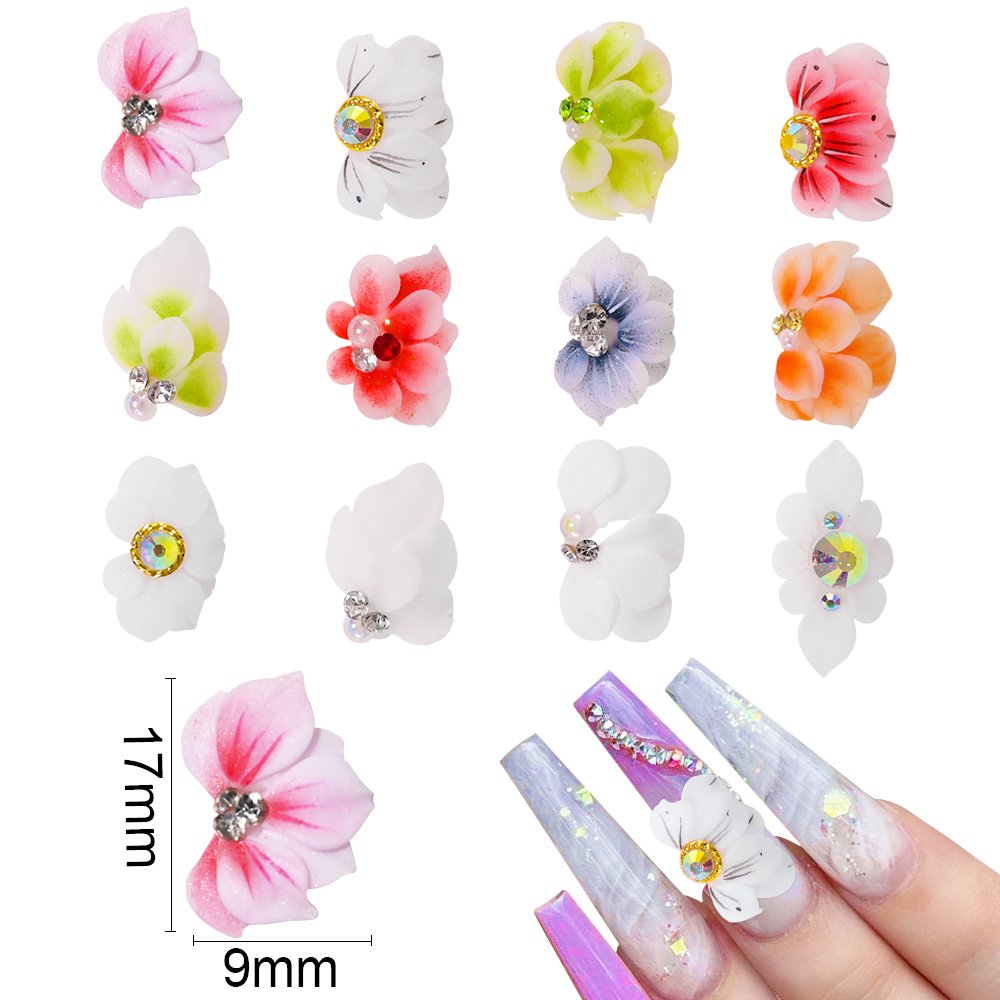 Handmade Acrylic Flower 11X16mm White/Pink 3D Butterfly Acrylic Nail Flower DIY With Glitter Rhinestone Acrylic Side Flower