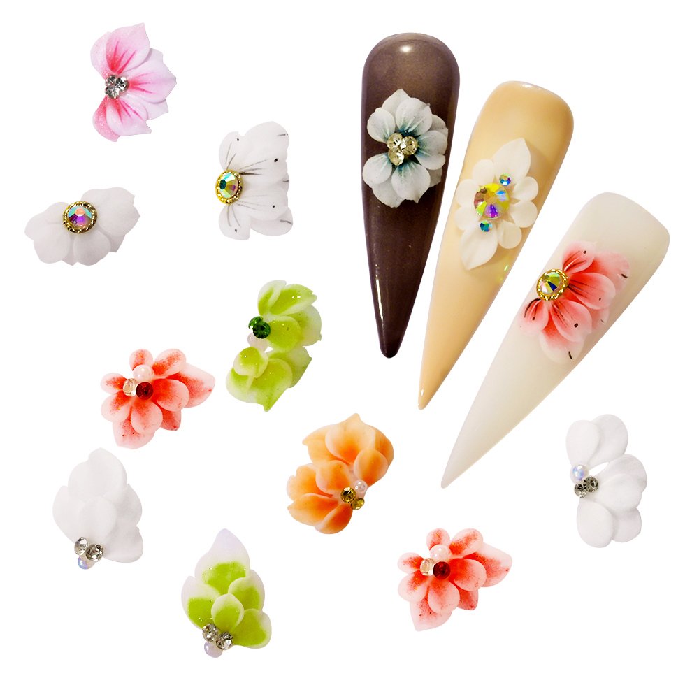 Handmade Acrylic Flower 11X16mm White/Pink 3D Butterfly Acrylic Nail Flower DIY With Glitter Rhinestone Acrylic Side Flower