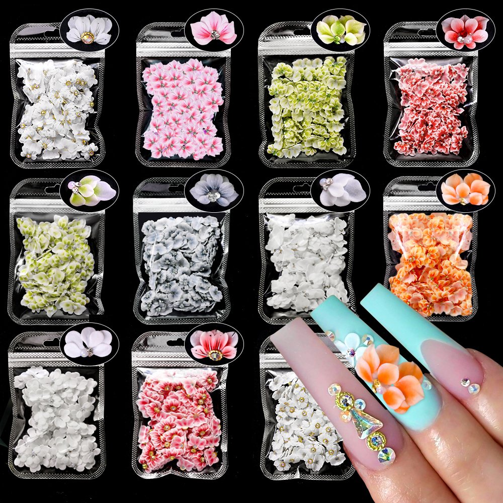 Handmade Acrylic Flower 11X16mm White/Pink 3D Butterfly Acrylic Nail Flower DIY With Glitter Rhinestone Acrylic Side Flower