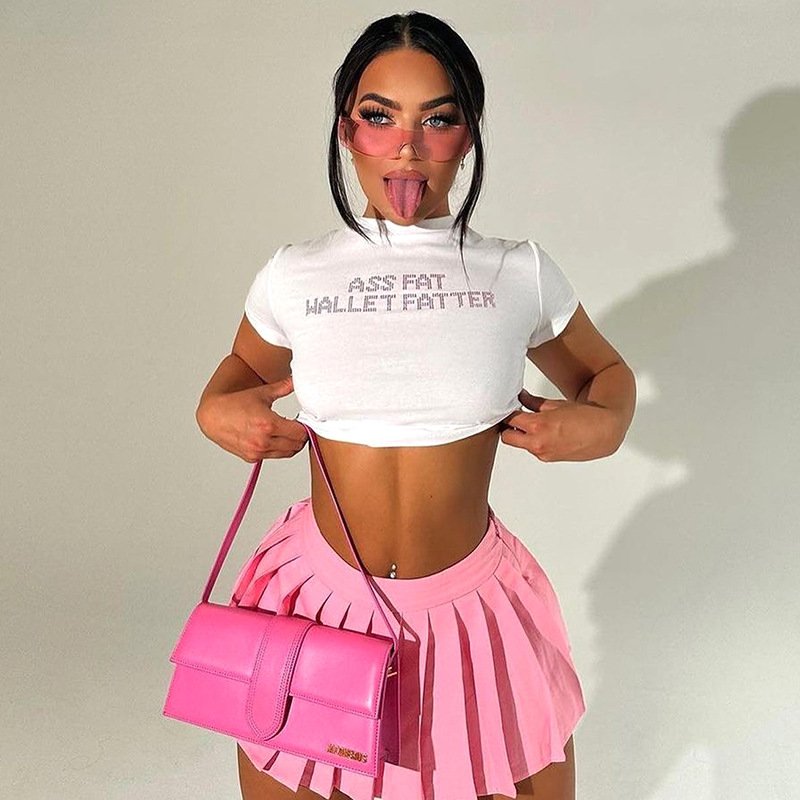 high quality new wholesale 2024 luxury custom made women rhinestone white fitted basic crop top tshirt