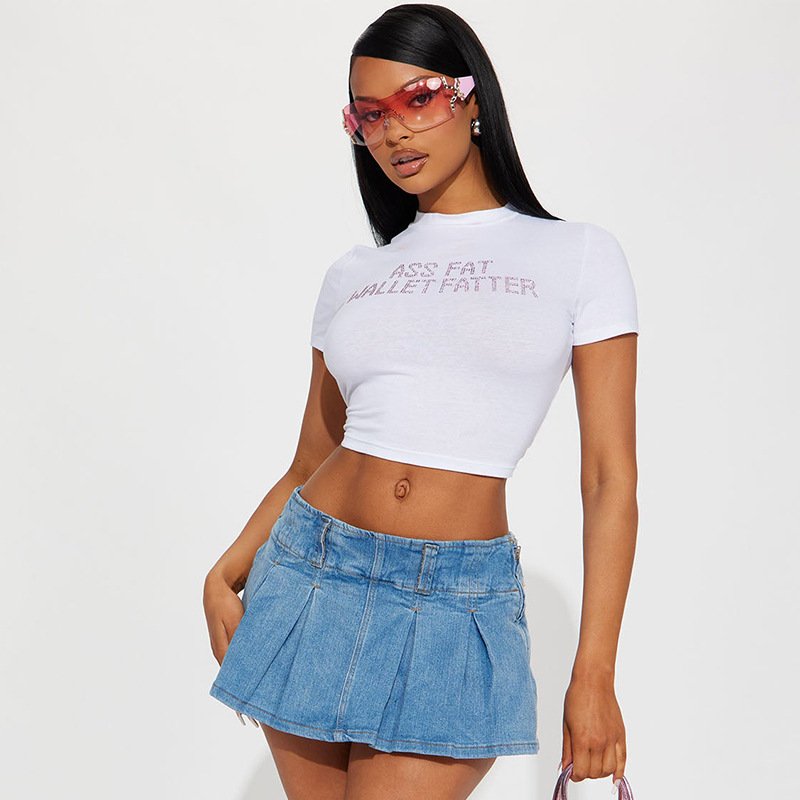 high quality new wholesale 2024 luxury custom made women rhinestone white fitted basic crop top tshirt