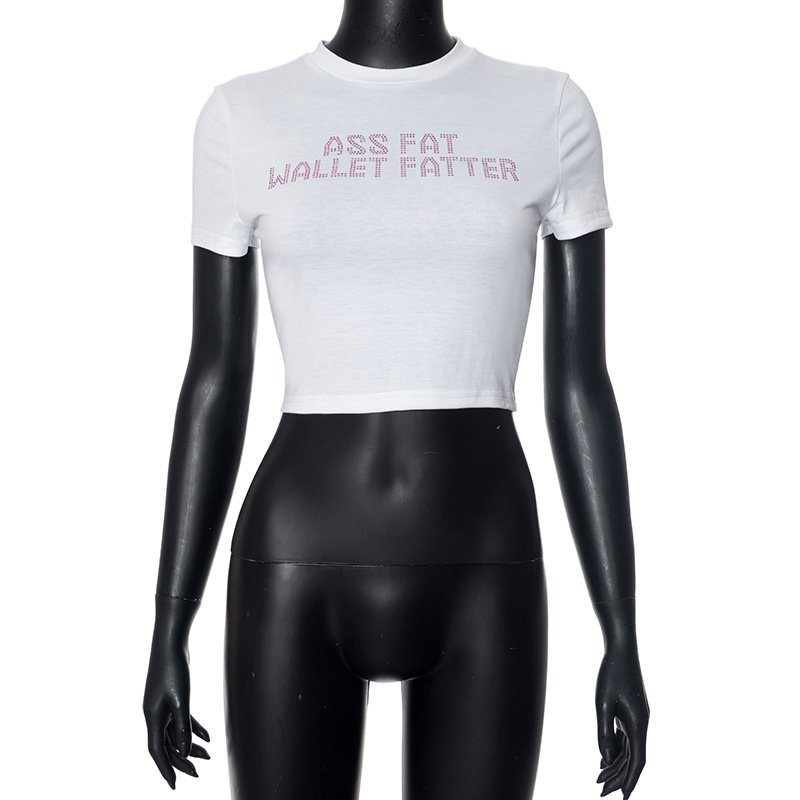 high quality new wholesale 2024 luxury custom made women rhinestone white fitted basic crop top tshirt