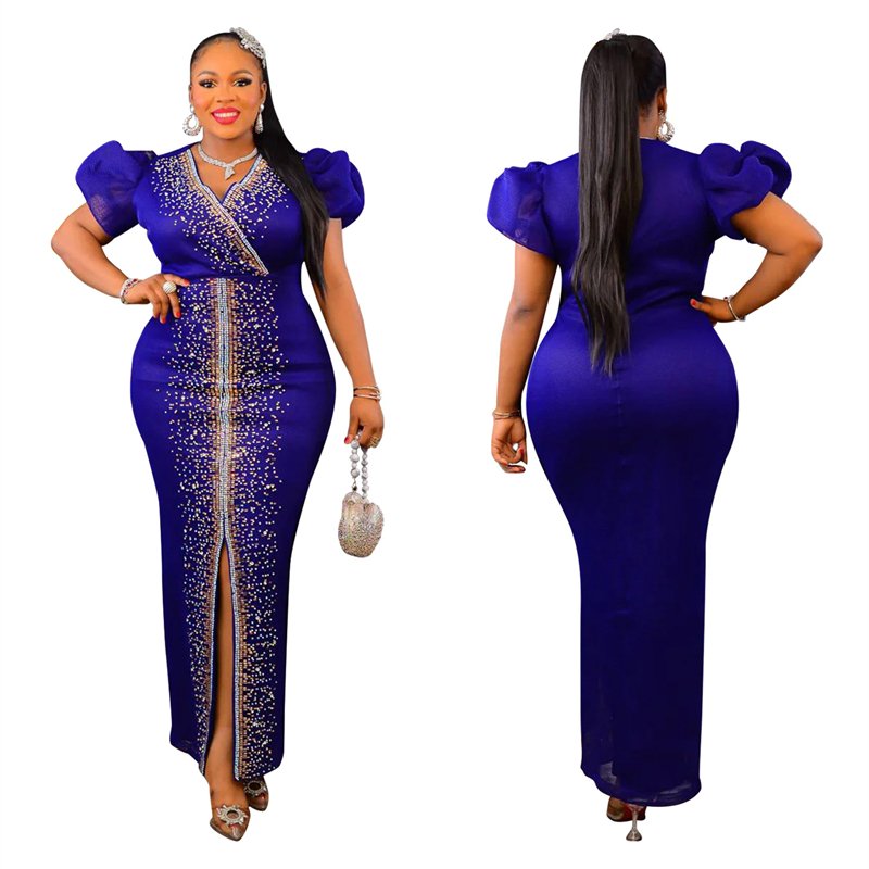 luxury women stretch v neck birthday party crystal rhinestone maxi evening dress women sexy rhinestone dress ball gown supplier