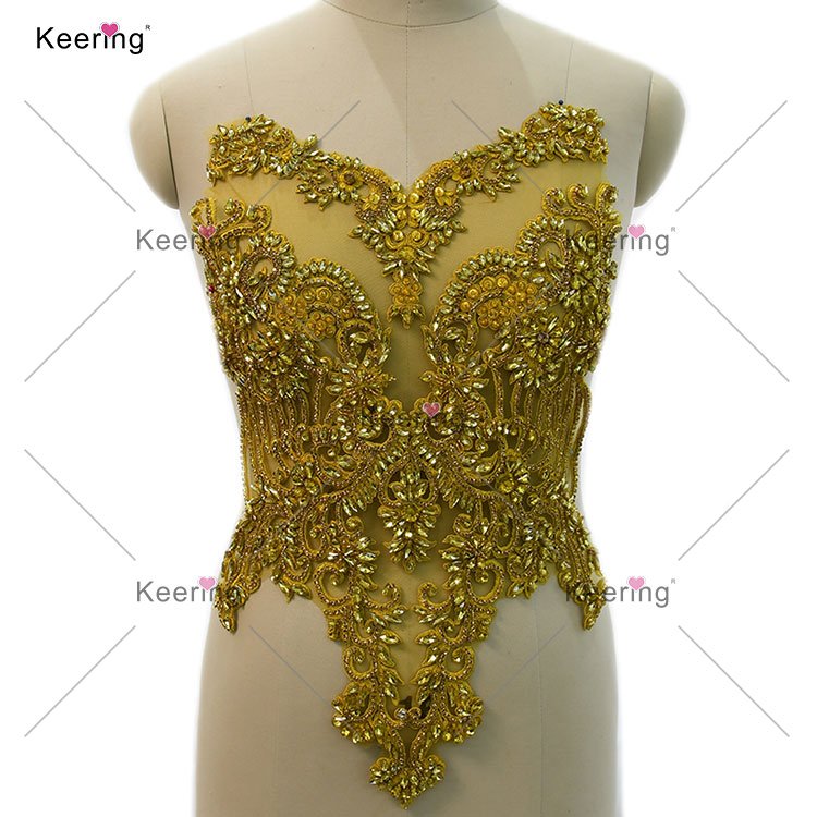 Keering WDP-295 Elegant Mesh Fabric Sewing Bling Bling Crystal Stone PinkFront Bodice Gold Rhinestone Dress Applique