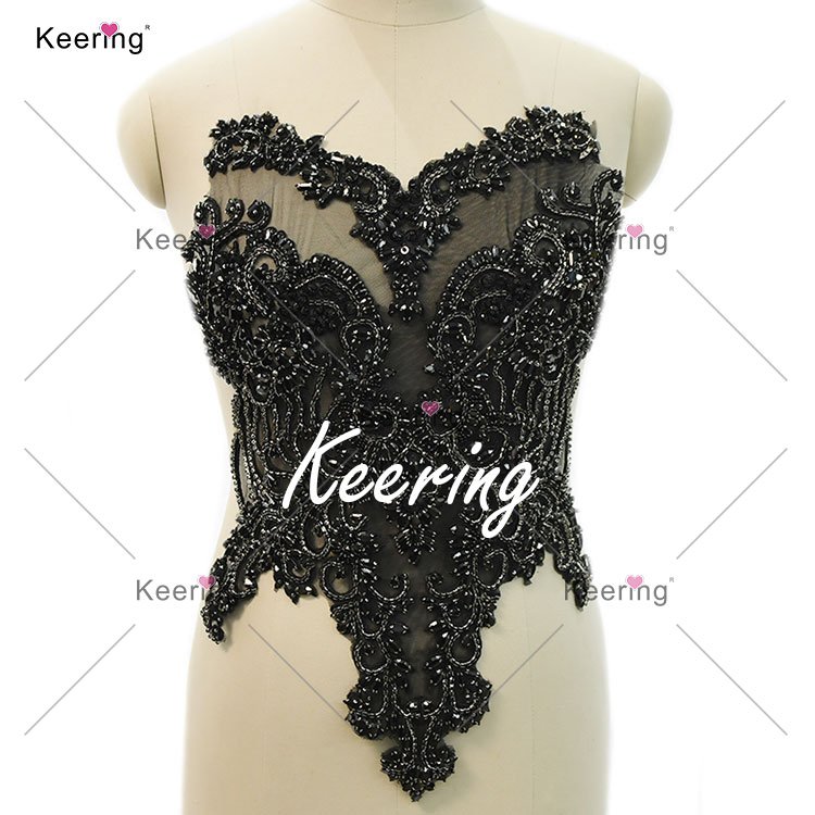 Keering WDP-295 Elegant Mesh Fabric Sewing Bling Bling Crystal Stone PinkFront Bodice Gold Rhinestone Dress Applique
