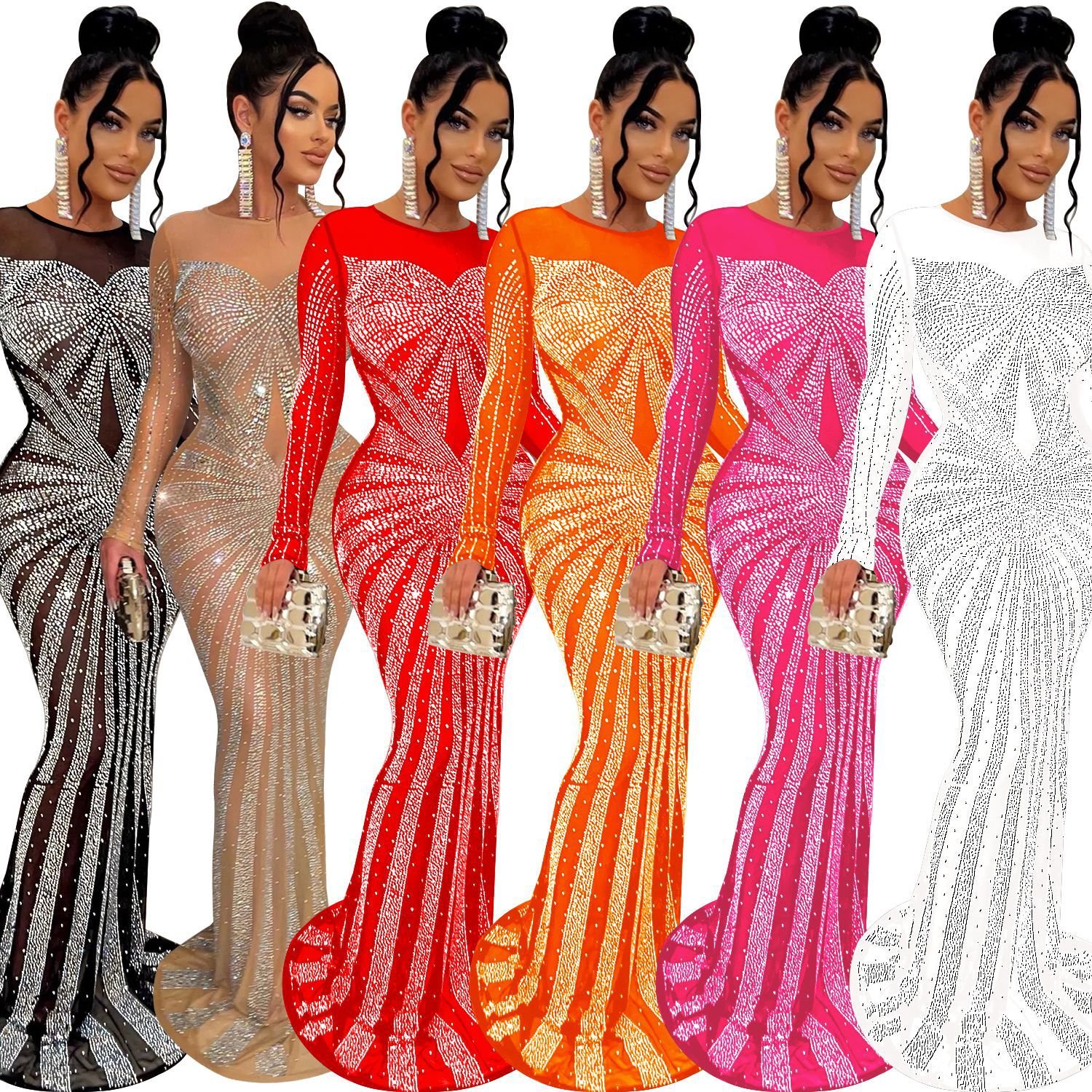 20246198 Maxi Long Mermaid Dress Formal Mesh See Through Ball Gown Evening Party Prom Dresses With Rhinestone