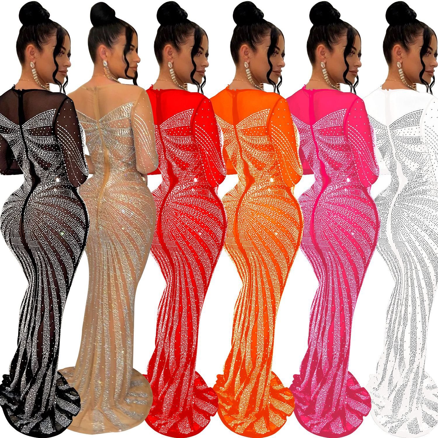 20246198 Maxi Long Mermaid Dress Formal Mesh See Through Ball Gown Evening Party Prom Dresses With Rhinestone