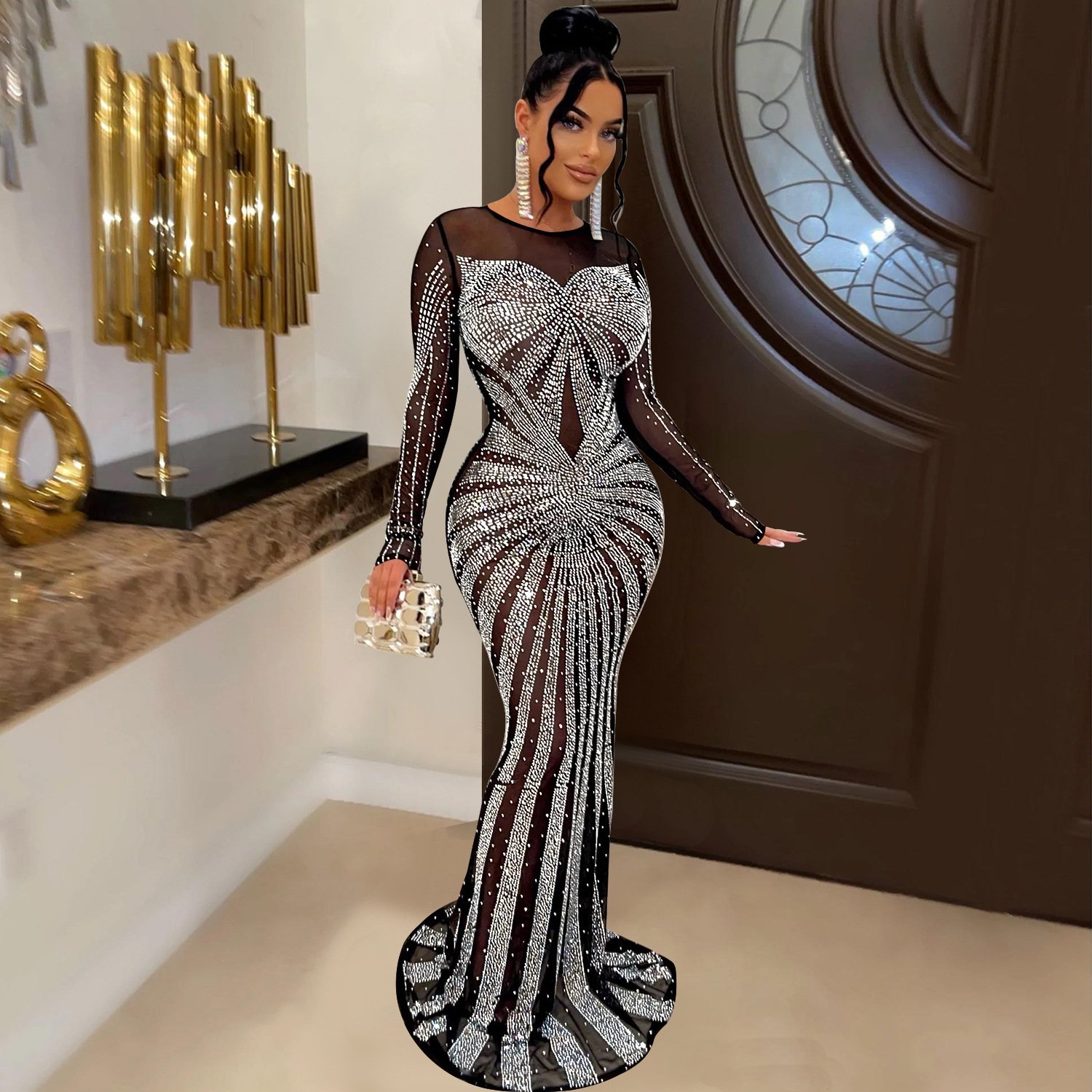 20246198 Maxi Long Mermaid Dress Formal Mesh See Through Ball Gown Evening Party Prom Dresses With Rhinestone