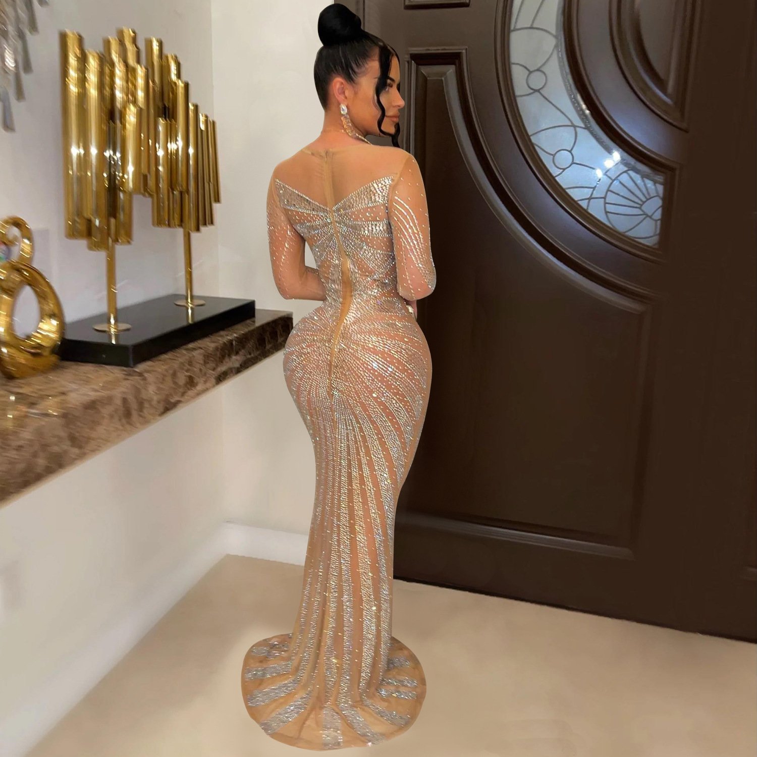 20246198 Maxi Long Mermaid Dress Formal Mesh See Through Ball Gown Evening Party Prom Dresses With Rhinestone
