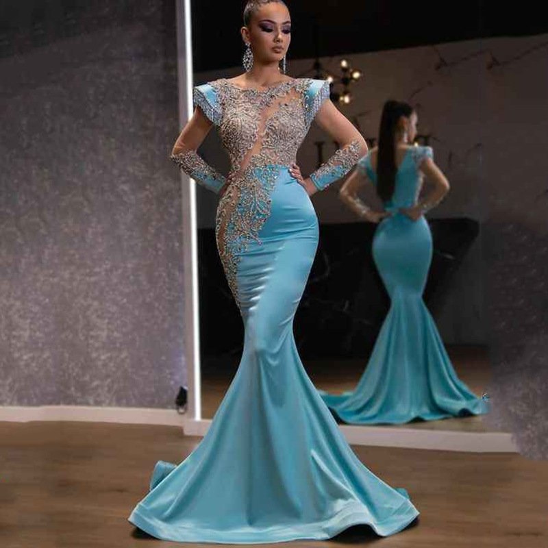 Light Blue Bright Crystal Party Dress Sexy Luxury Beaded Rhinestone Tulle Evening Dress Prom Noble Wedding Wedding Dress