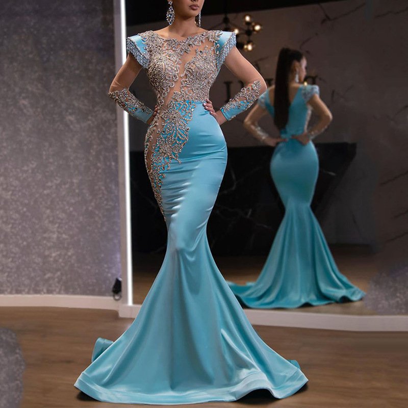 Light Blue Bright Crystal Party Dress Sexy Luxury Beaded Rhinestone Tulle Evening Dress Prom Noble Wedding Wedding Dress