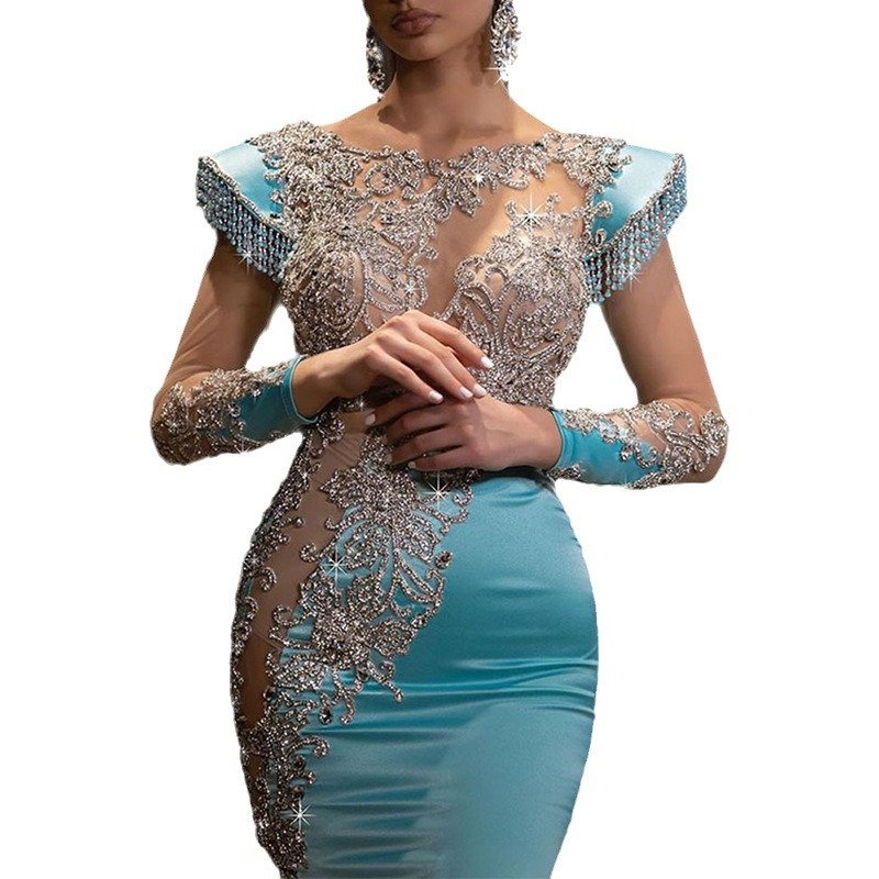 Light Blue Bright Crystal Party Dress Sexy Luxury Beaded Rhinestone Tulle Evening Dress Prom Noble Wedding Wedding Dress