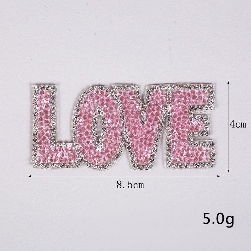 yiwu wintop hot sale colored hotfix rhinestone love logo iron on patch for clothes bag