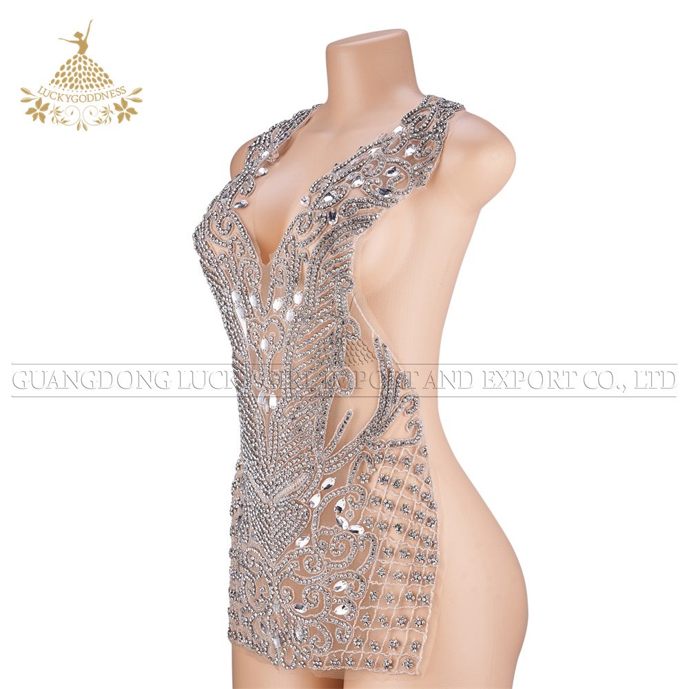 Factory price high Quality Shiny Crystal Bodice Rhinestone silver and white mesh Applique For Evening gown DRA-570