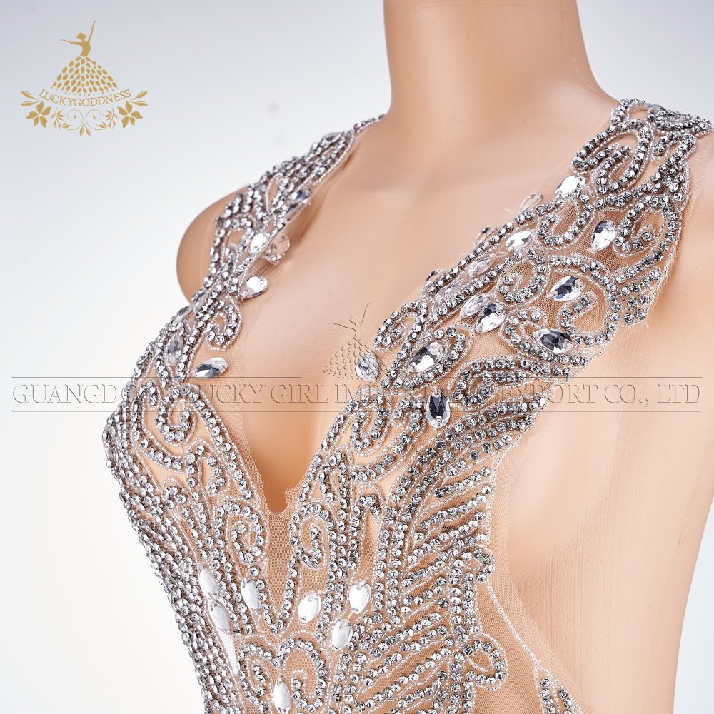 Factory price high Quality Shiny Crystal Bodice Rhinestone silver and white mesh Applique For Evening gown DRA-570