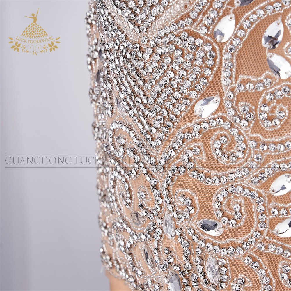 Factory price high Quality Shiny Crystal Bodice Rhinestone silver and white mesh Applique For Evening gown DRA-570