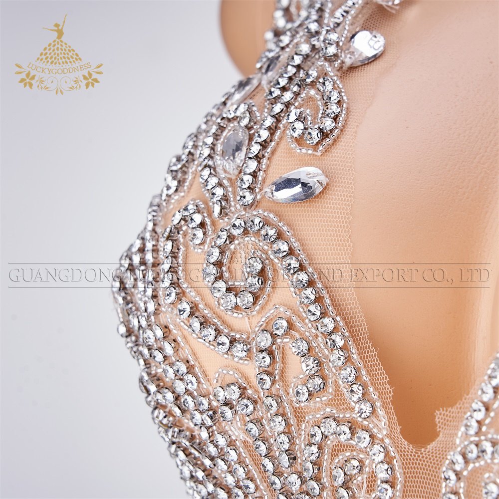 Factory price high Quality Shiny Crystal Bodice Rhinestone silver and white mesh Applique For Evening gown DRA-570