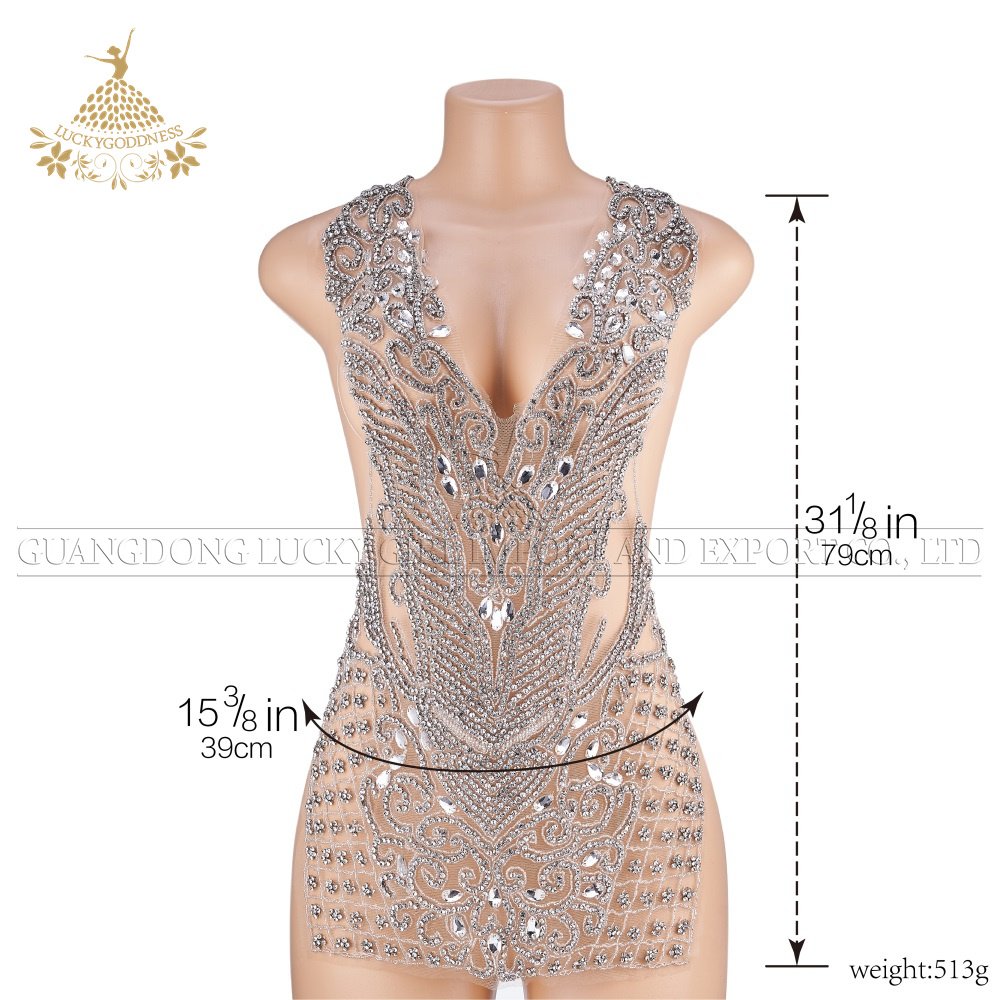 Factory price high Quality Shiny Crystal Bodice Rhinestone silver and white mesh Applique For Evening gown DRA-570