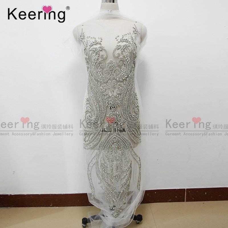 Large Handmade Keering glass Beaded Bodice Rhinestone Applique Patch WDP-134