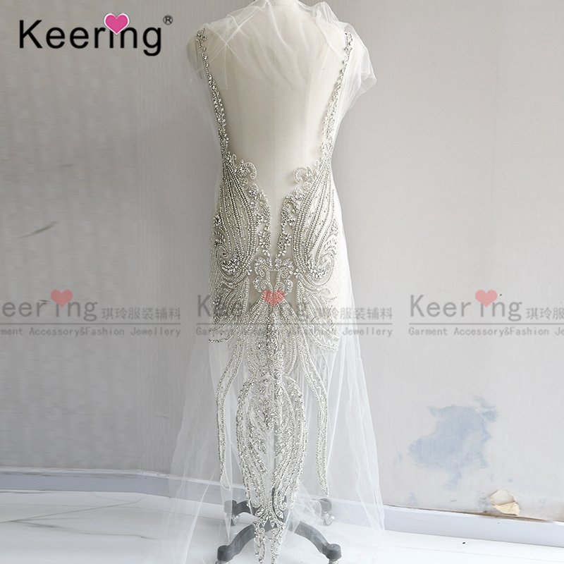 Large Handmade Keering glass Beaded Bodice Rhinestone Applique Patch WDP-134