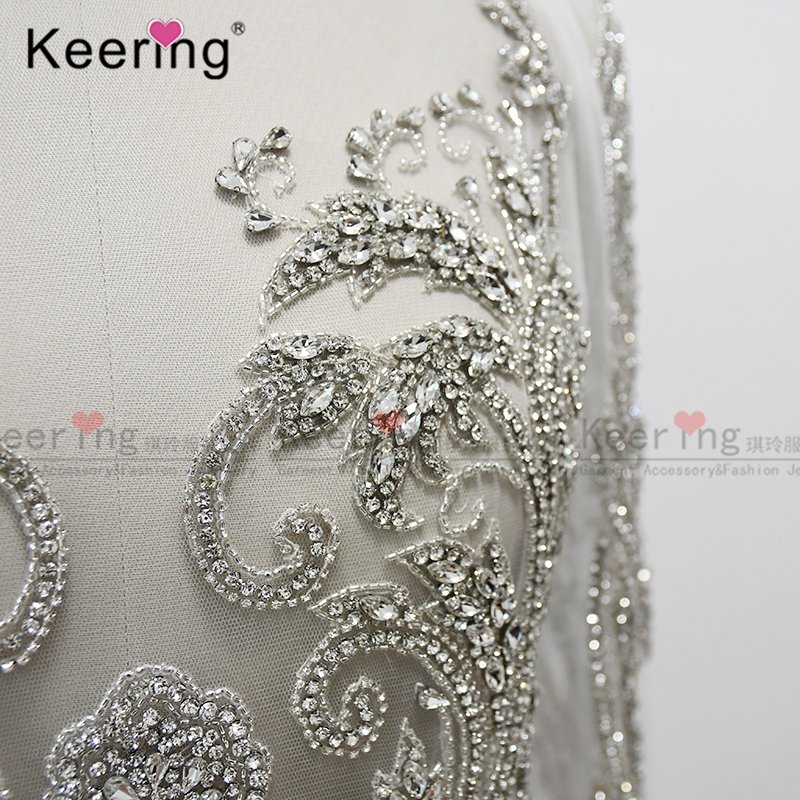 Large Handmade Keering glass Beaded Bodice Rhinestone Applique Patch WDP-134