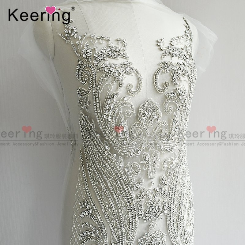 Large Handmade Keering glass Beaded Bodice Rhinestone Applique Patch WDP-134