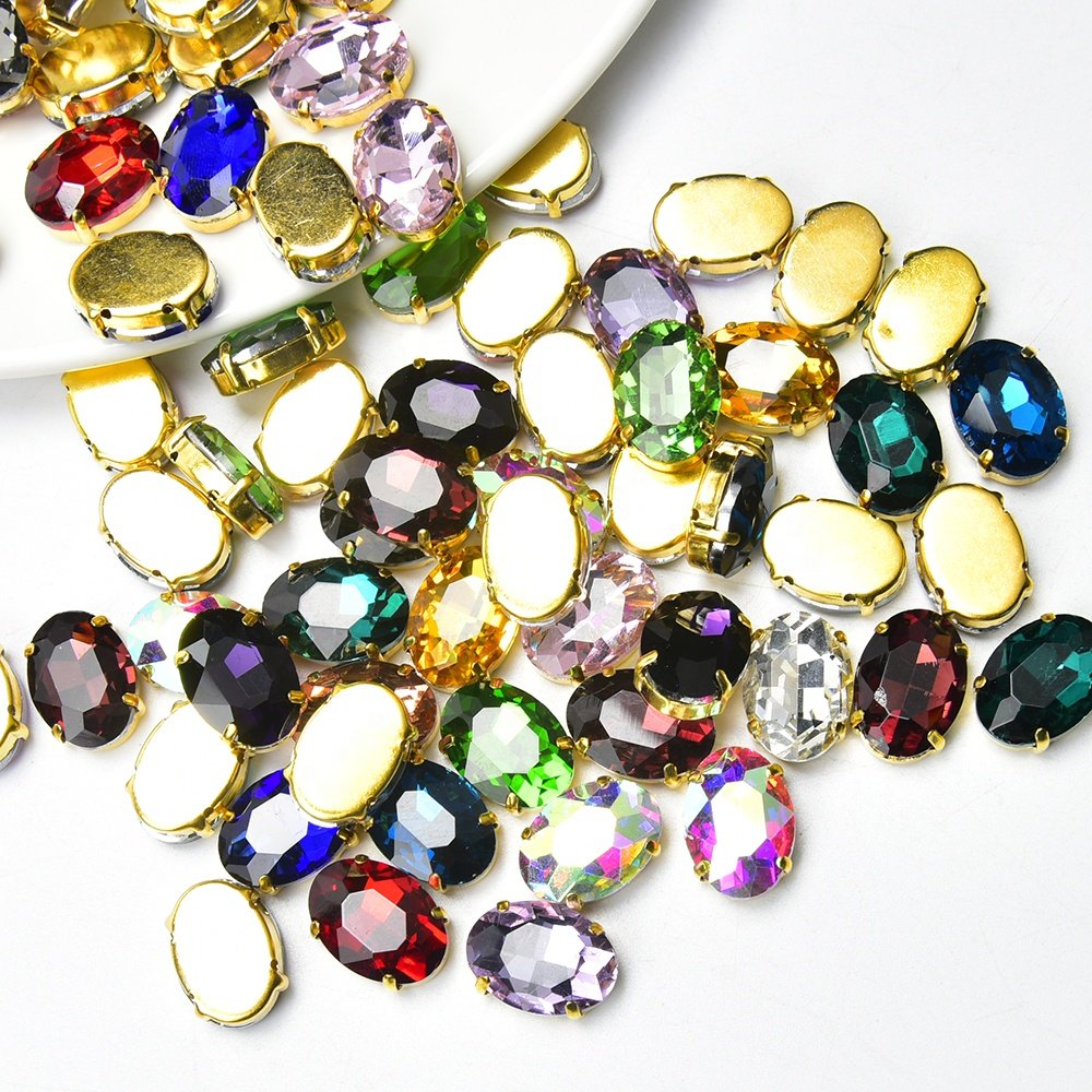 Oval Glass Sew on Rhinestone with Gold Claw Setting Crystal Button with Holes for Garment Jewelry Wedding Dress Accessories