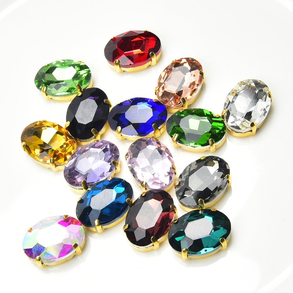 Oval Glass Sew on Rhinestone with Gold Claw Setting Crystal Button with Holes for Garment Jewelry Wedding Dress Accessories