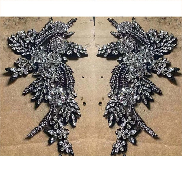 WDP-296 black patch crystal beaded rhinestone wedding bodice sash applique for bridal bridesmaid evening party dancing dress