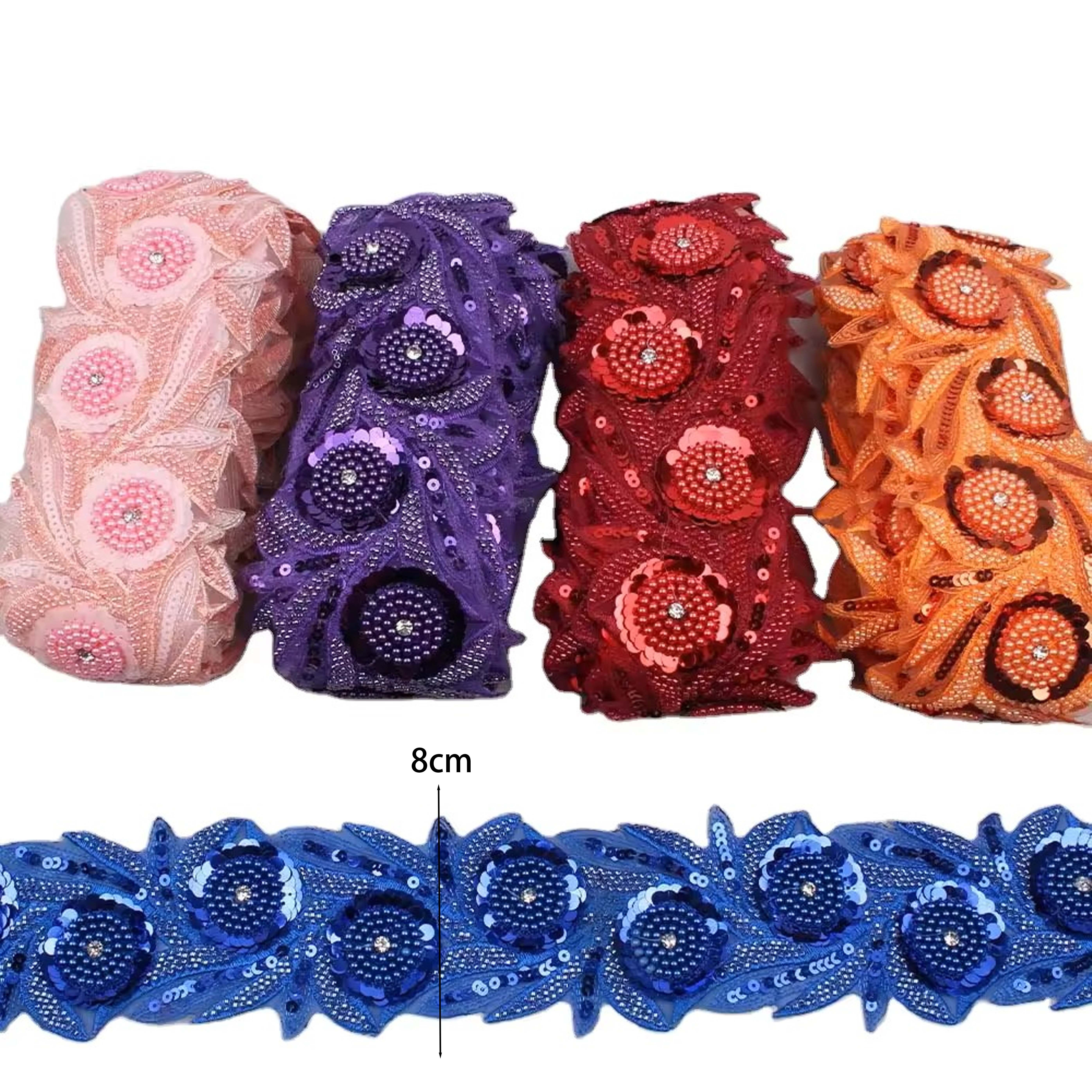 8CM Hand-Made Beaded Rhinestone Embroidery Sequins Sewing Bridal Wedding Lace 3D Flower Accessory Applique For Girl's Dress