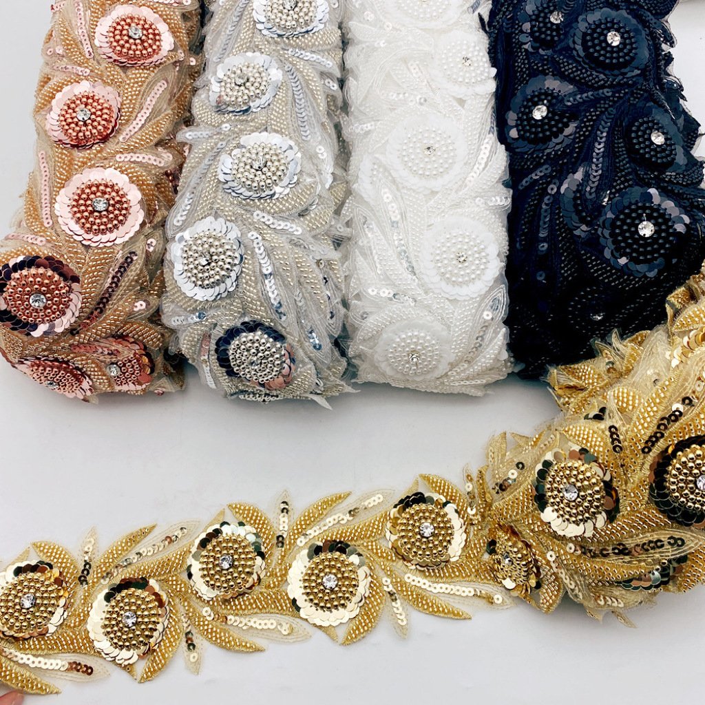 8CM Hand-Made Beaded Rhinestone Embroidery Sequins Sewing Bridal Wedding Lace 3D Flower Accessory Applique For Girl's Dress