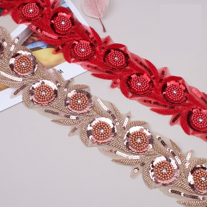 8CM Hand-Made Beaded Rhinestone Embroidery Sequins Sewing Bridal Wedding Lace 3D Flower Accessory Applique For Girl's Dress