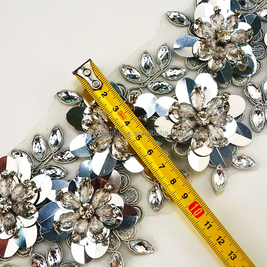 Factory price 10cm silver handmade organza flower ribbon with rhinestone sequin lace trim for DIY decor