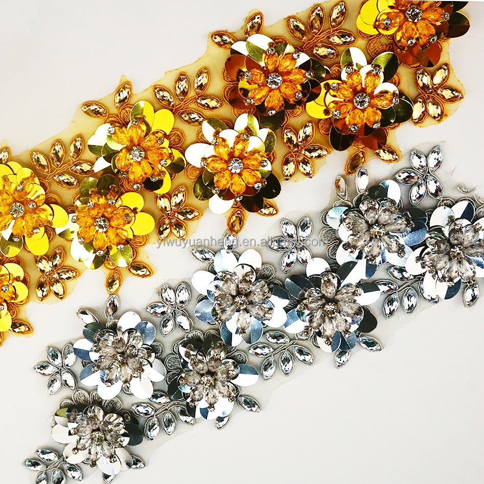 Factory price 10cm silver handmade organza flower ribbon with rhinestone sequin lace trim for DIY decor