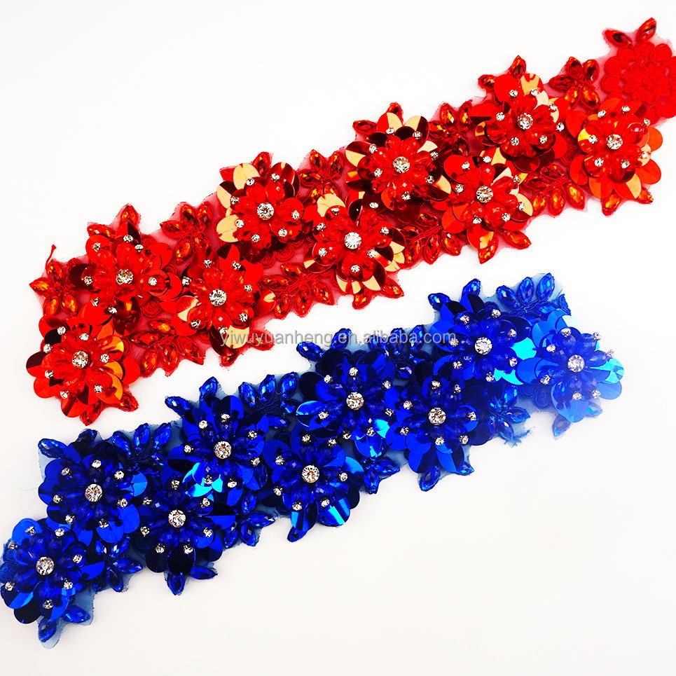 Factory price 10cm silver handmade organza flower ribbon with rhinestone sequin lace trim for DIY decor