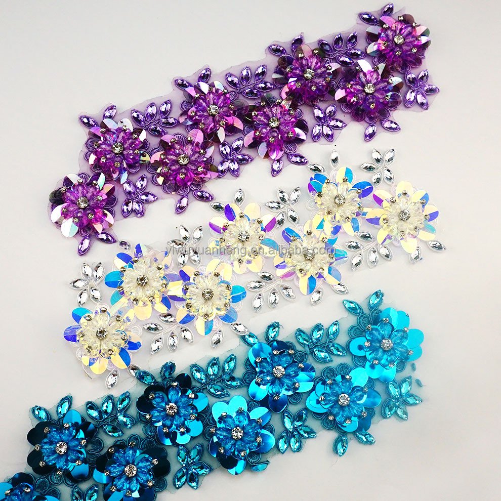 Factory price 10cm silver handmade organza flower ribbon with rhinestone sequin lace trim for DIY decor