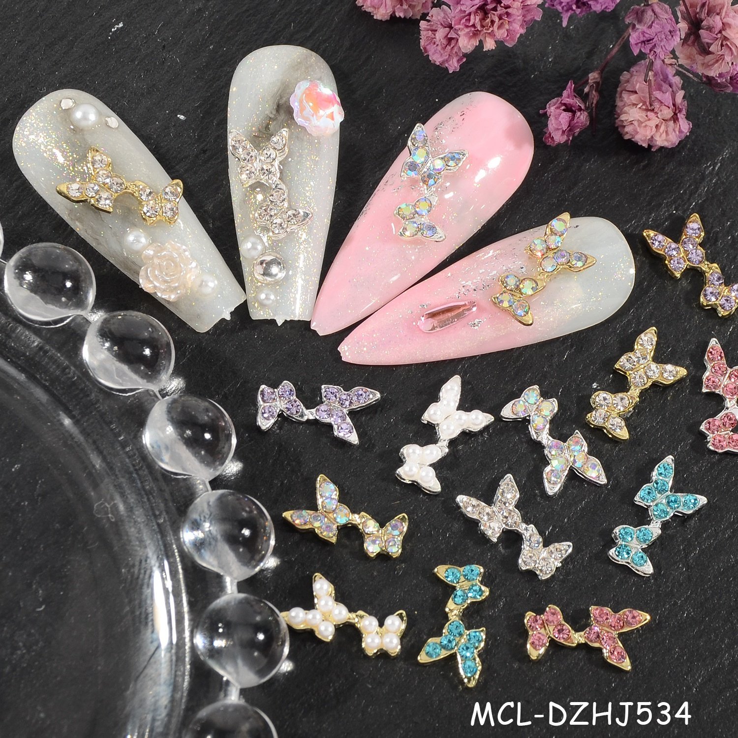 Wholesale Hot Style Diamond Alloy Double Butterfly Nail Art Jewelry Metal Diy Colorful Butterfly Nail Charms With Rhinestone