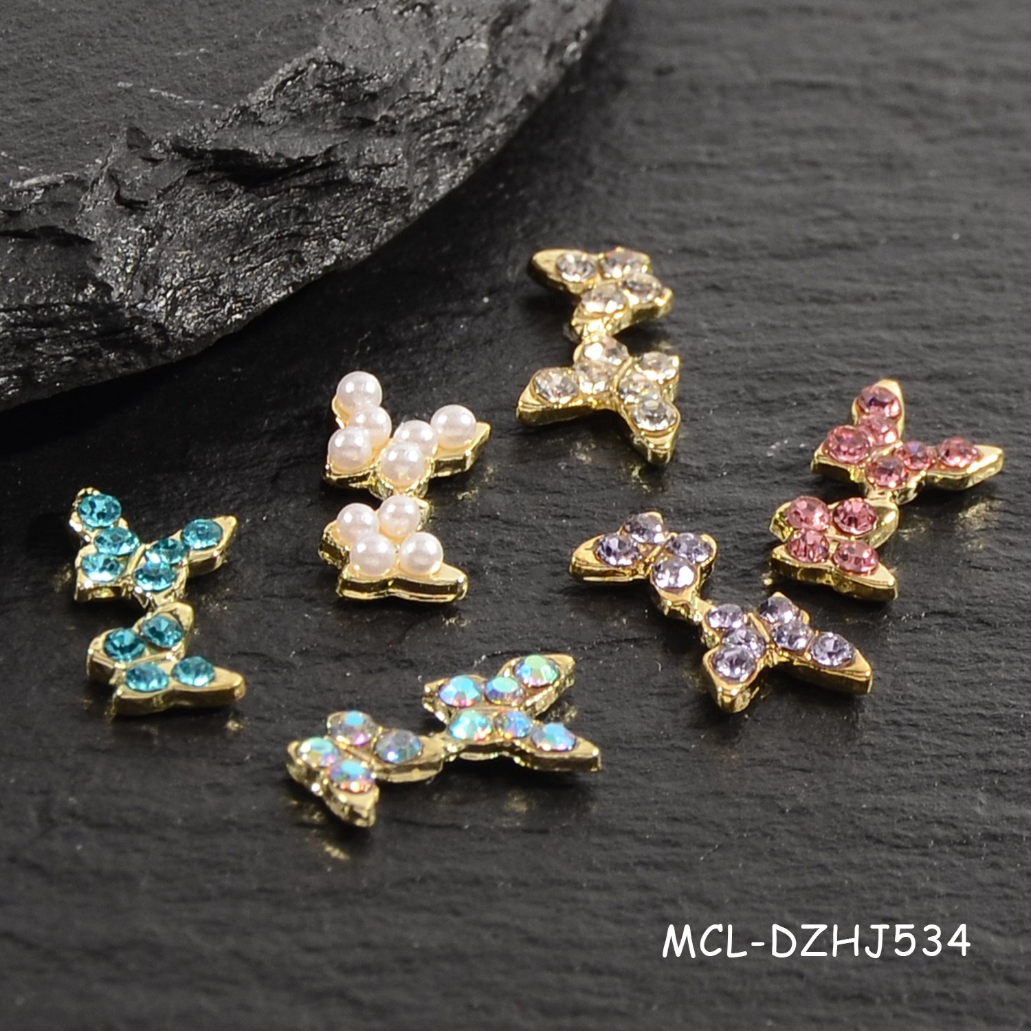 Wholesale Hot Style Diamond Alloy Double Butterfly Nail Art Jewelry Metal Diy Colorful Butterfly Nail Charms With Rhinestone