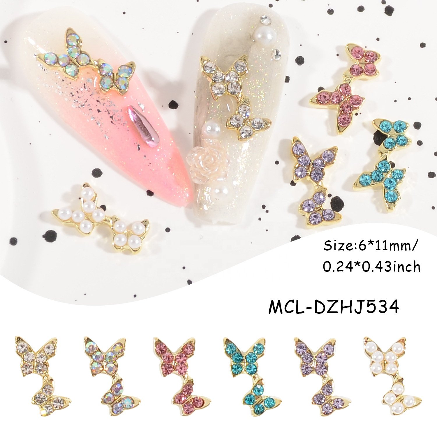 Wholesale Hot Style Diamond Alloy Double Butterfly Nail Art Jewelry Metal Diy Colorful Butterfly Nail Charms With Rhinestone