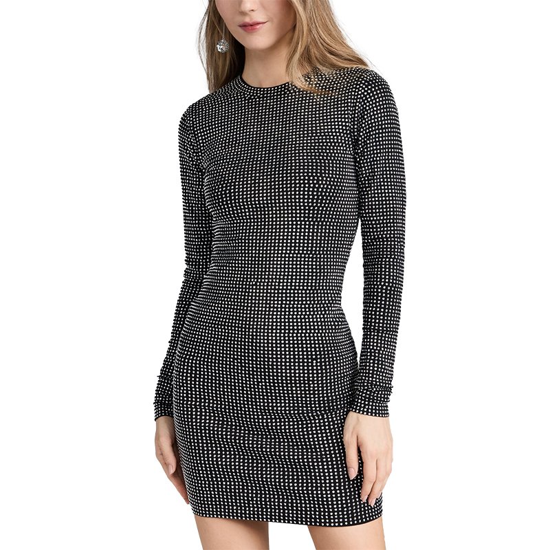 Custom Shinny Party Dress Women Long Sleeve Sparkle Rhinestone Dresses Crystal Crew Mini Dress for Casual Parties
