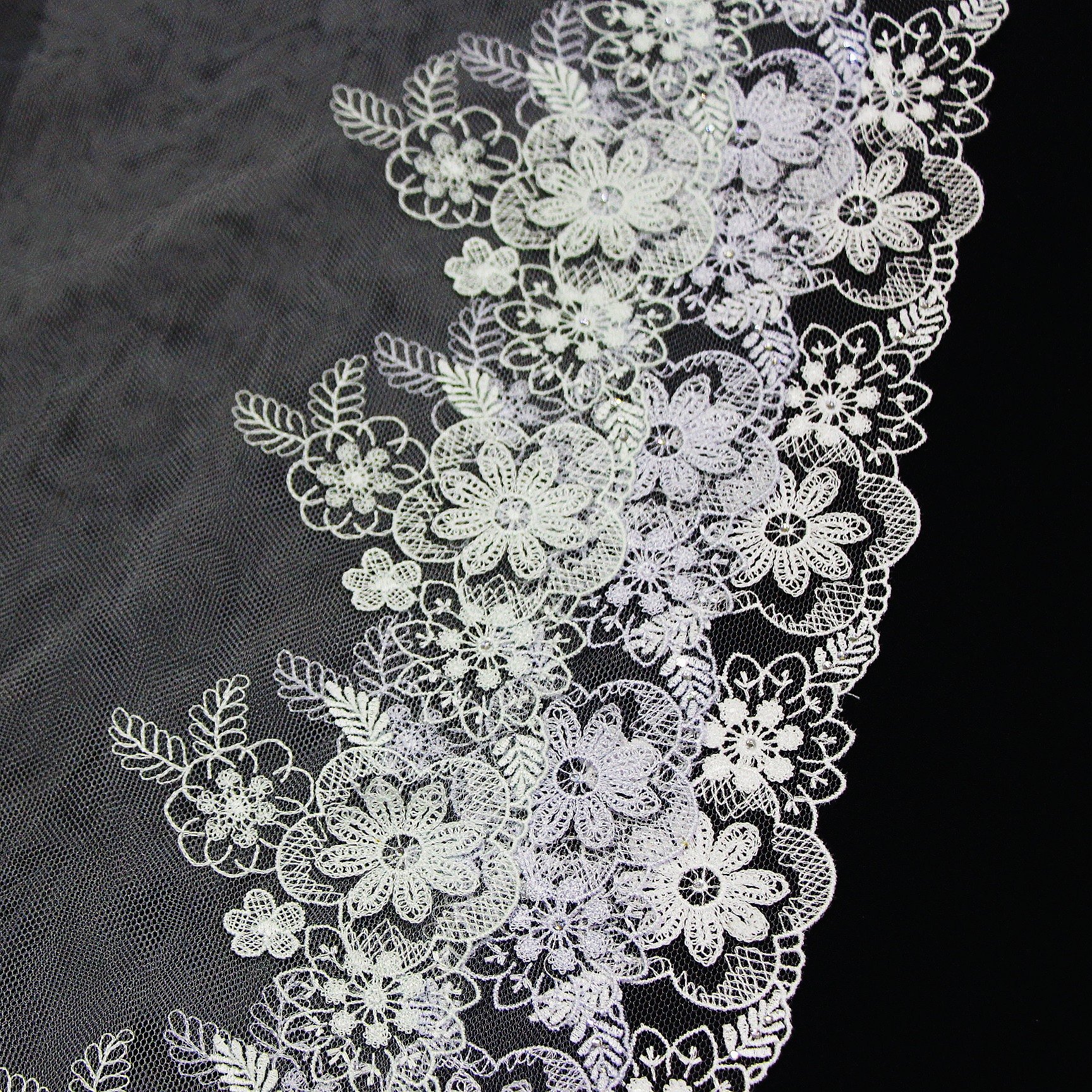 New arrival 3d Embroidery Lace Fancy Flower Mesh Fabric with rhinestones