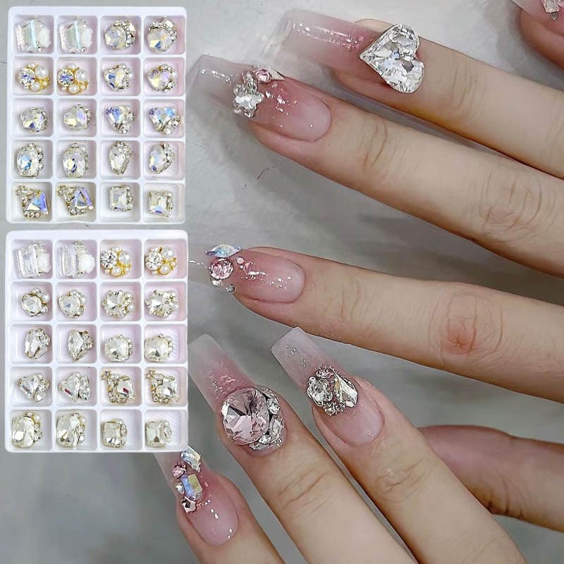 20 Grids Luxury Multiple Shapes Nail Rhinestones With Pearl 3d Nail Art Charms Diamonds Clear Crystal Pile Manicure Jewelry