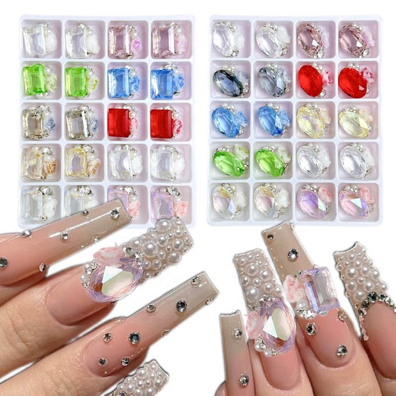 20 Grids Luxury Multiple Shapes Nail Rhinestones With Pearl 3d Nail Art Charms Diamonds Clear Crystal Pile Manicure Jewelry