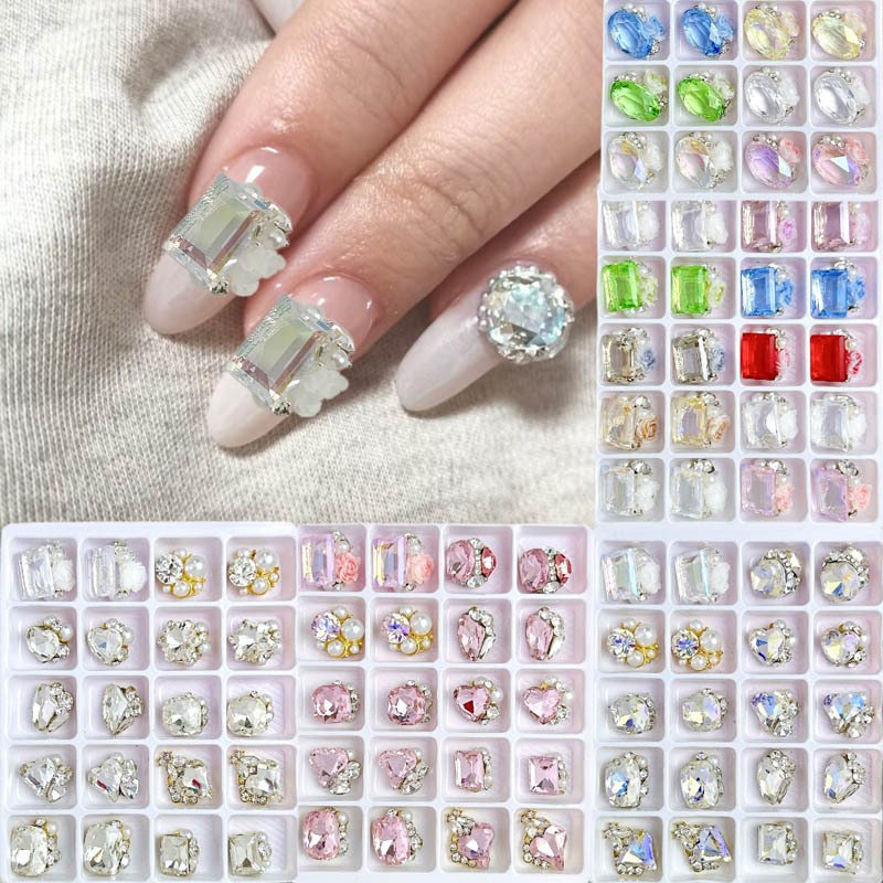 20 Grids Luxury Multiple Shapes Nail Rhinestones With Pearl 3d Nail Art Charms Diamonds Clear Crystal Pile Manicure Jewelry