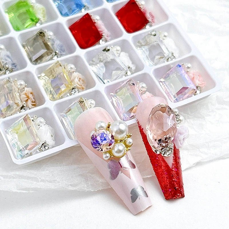 20 Grids Luxury Multiple Shapes Nail Rhinestones With Pearl 3d Nail Art Charms Diamonds Clear Crystal Pile Manicure Jewelry