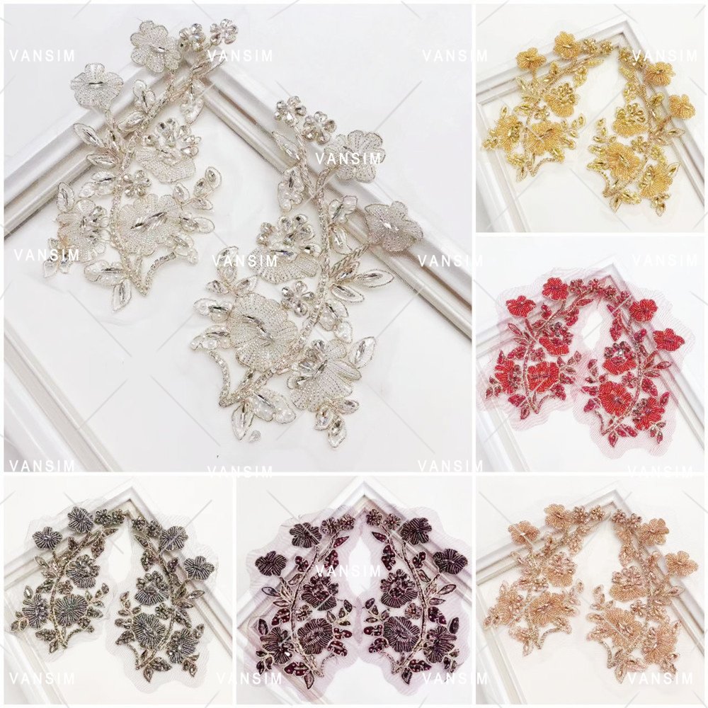 stock whole sell apparel costume rhinestone crystal applique patch in pair for Bride Dresses Women Wedding designs
