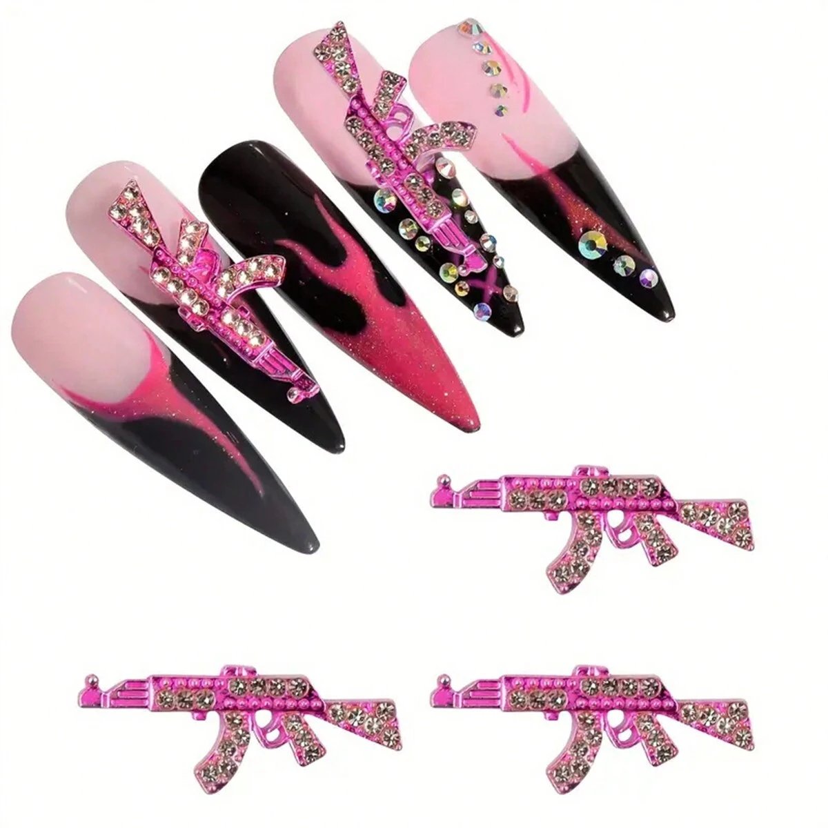 Pink 3D Crystal Rhinestones AK Gun Shape Punk Style Manicure DIY Nail Art Jewelry Alloy Metal Nail Charms Decorations