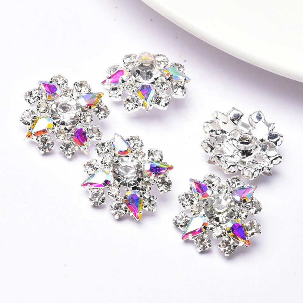 25mm Silver Plated Metal Shank Crystal Diamond Round Flower Rhinestone Button for Garment